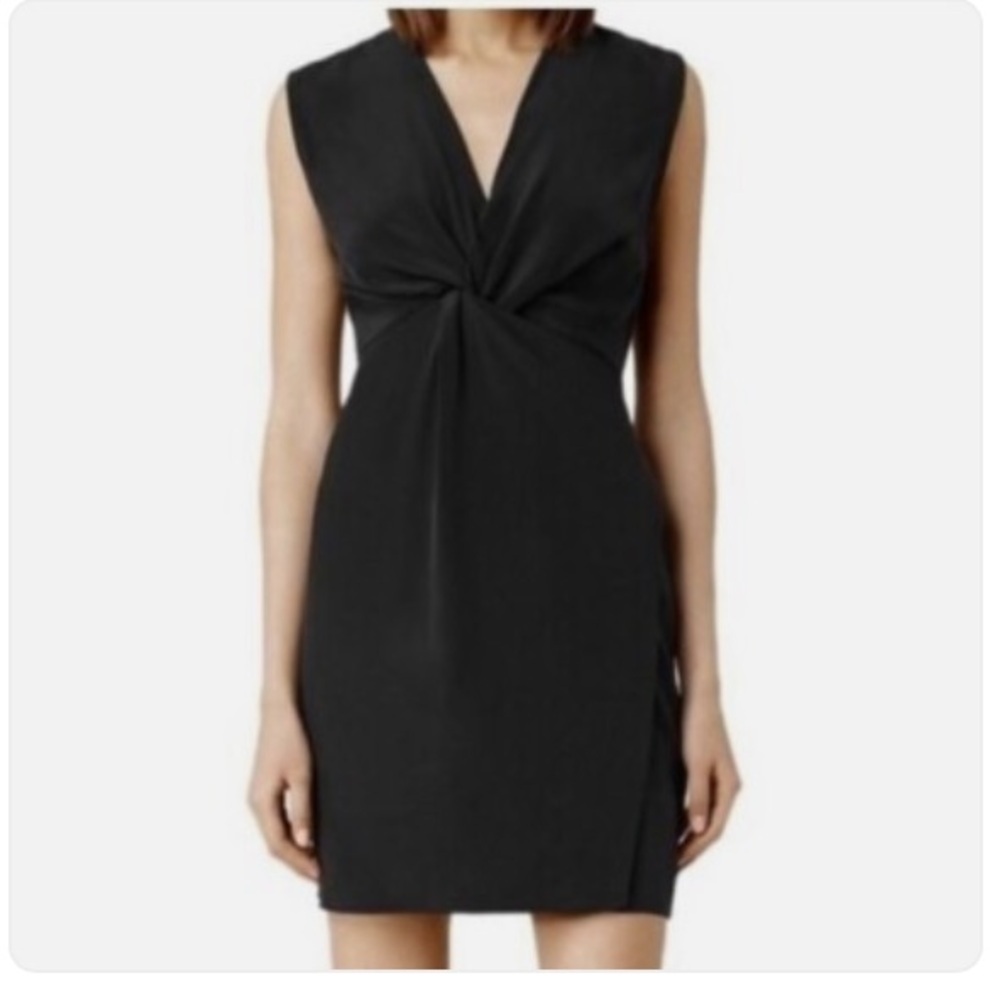 All Saints Salma Silk Mini Dress Sz 4 Black Twist Front V Neck LBD Capsule